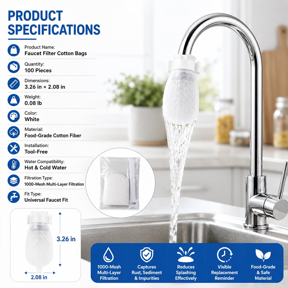 100 Pack Universal Splash Proof Faucet Filter Cotton Bags